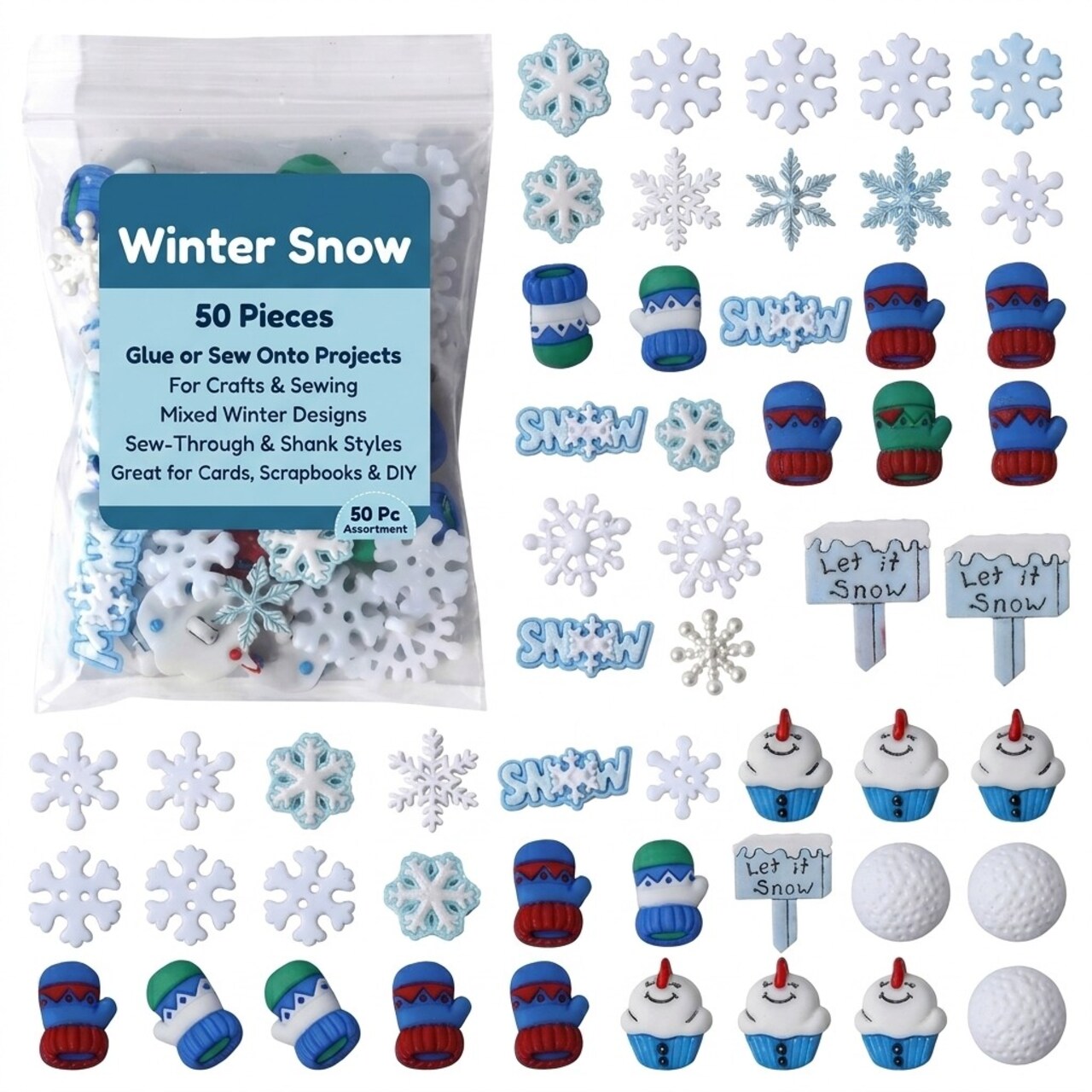 Buttons Galore Winter Christmas Button Assortment – 50-Piece Snowflake, Mitten & Winter-Themed Craft & Sewing Buttons for DIY, Scrapbooking, Card Making & Holiday Decorations